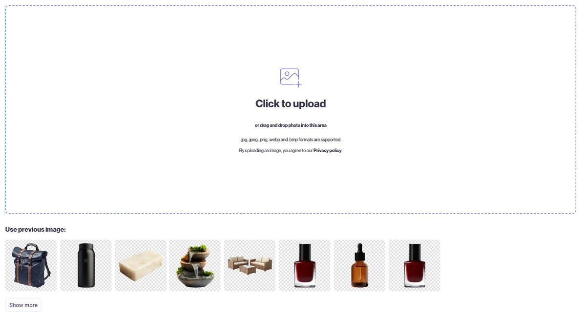 Ekran wgrywania zdjęcia produktu z listą wcześniej użytych packshotów