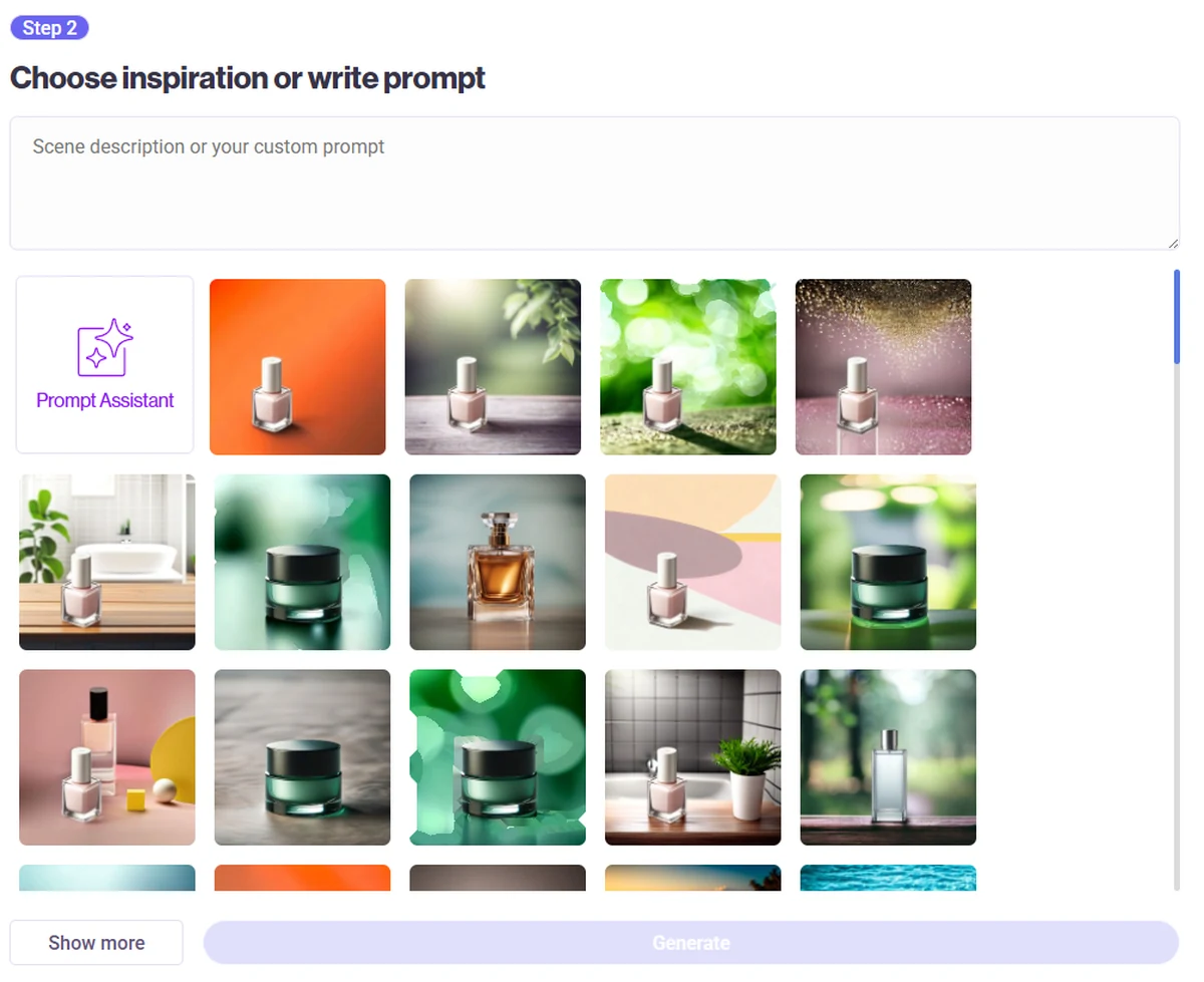 Panel wyboru inspiracji z gotowymi scenami i polem własnego opisu